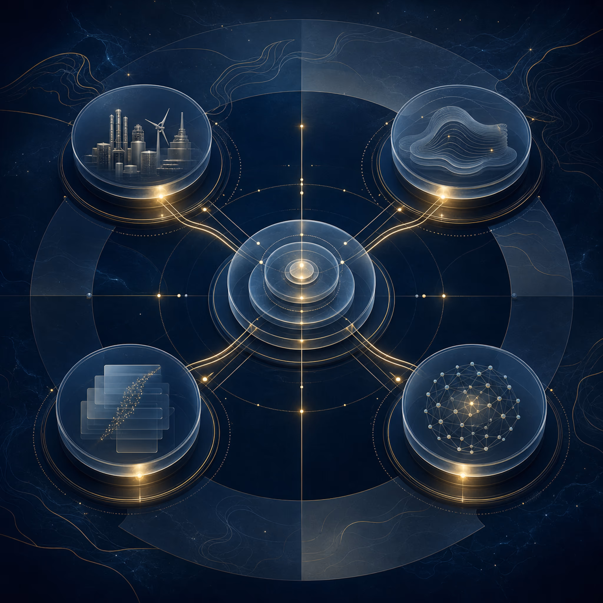 Disk Hastanesi solution-routing map — premium glass infographic connecting sector paths, operational needs, transformation programs, and evidence-backed delivery
